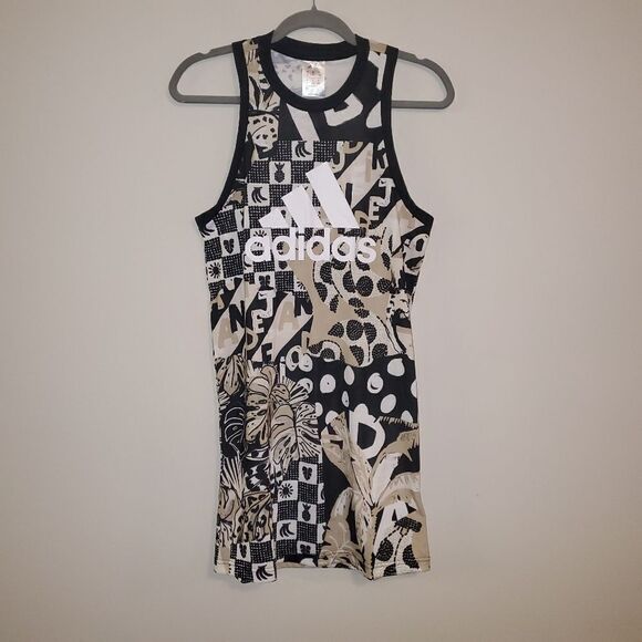 FARM RIO + ADIDAS COLLAB - Tank Dress BLACK WHITE TAN SIZE X SMALL NWT - Picture 1 of 6